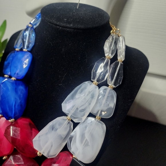 Red White and Blue Double Strand Acrylic Necklace and Earrings Set - Picture 6 of 7